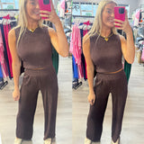 Take Me There Crinkle Textured Cropped Top 2pc Loungewear Set