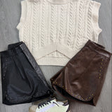 Faux Leather Shorts with Studs | Brown