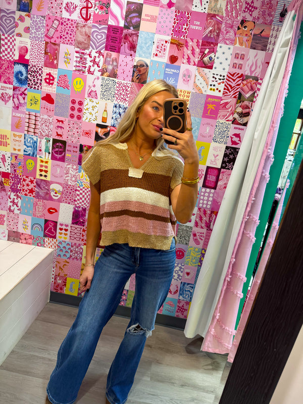 Mocha Autumn Hues Striped Cap Sleeve Sweater Top