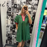 Chic Contrast Collar Dress | Green Rust Pink