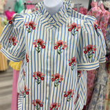 Blue Stripe Floral Puff Sleeve Top
