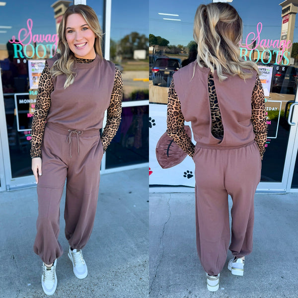 Chocolate Mineral Washed Open Back Jumpsuit