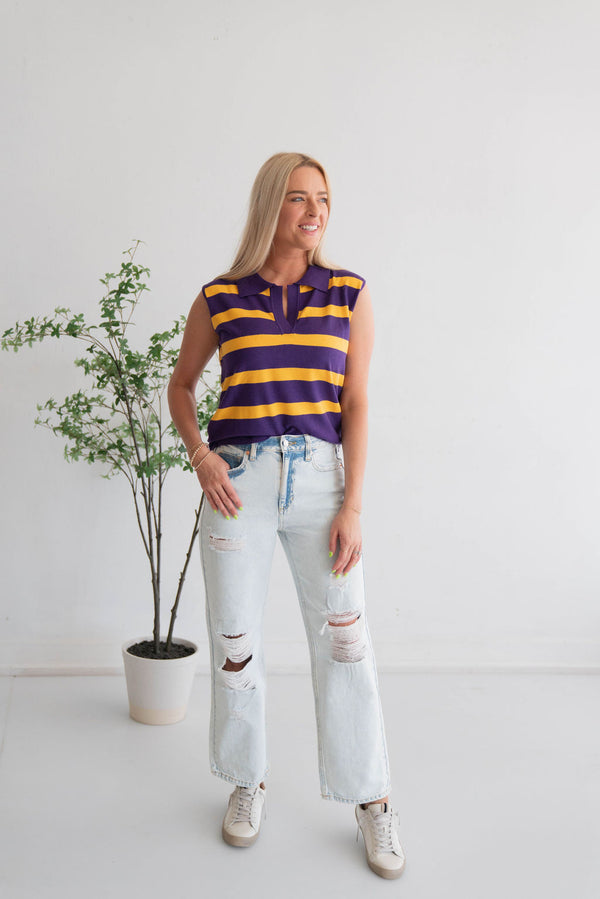 Stadium Time Sleeveless Sweater  - Purple Gold