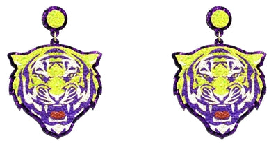 Purple and Yellow Glitter Tiger Head 2" Gameday Earring