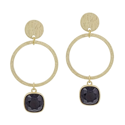 Worn Gold Open Circle with Stone Accent 2" Earring