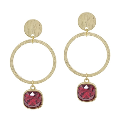 Worn Gold Open Circle with Stone Accent 2" Earring