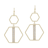 Gold Double Hexagon with Crystal Bar Accent 2" Earring