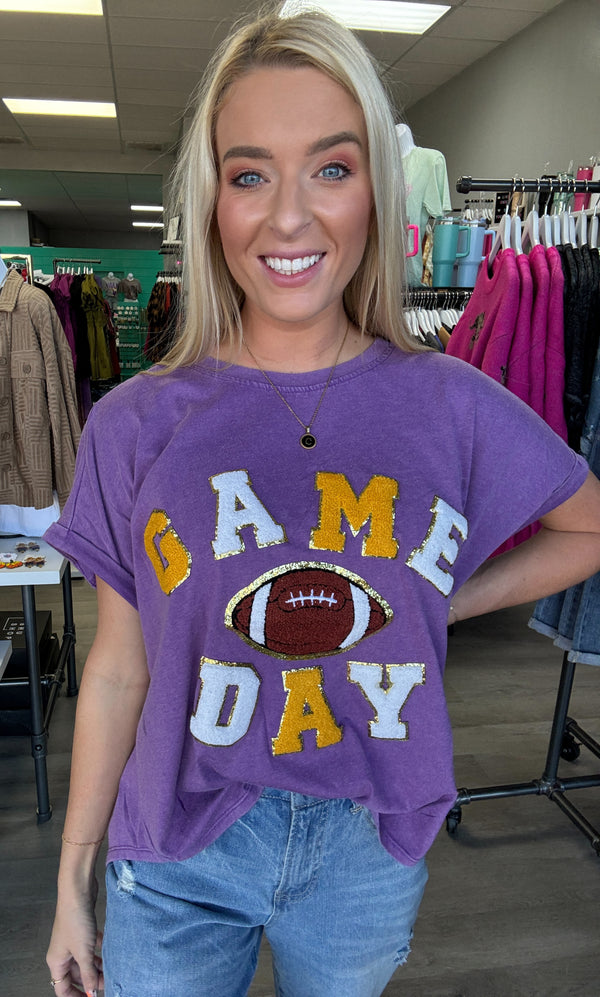 Game Day Patch Letter Top - Purple Gold