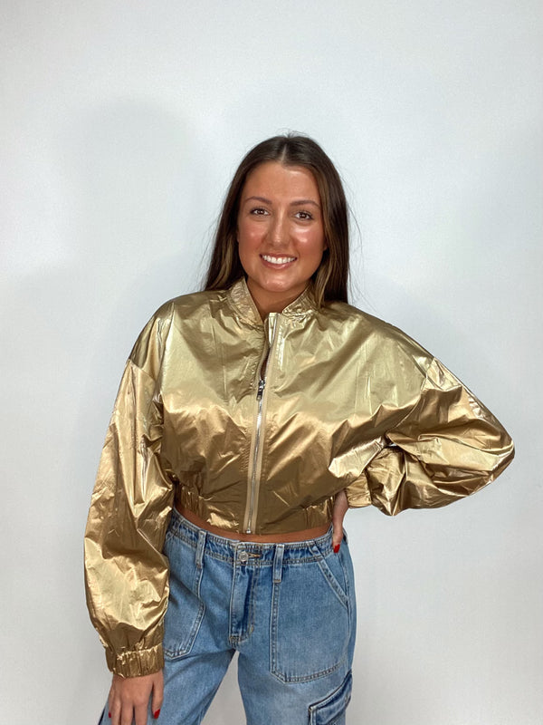 Go For Gold Metallic Bomber Crop Jacket