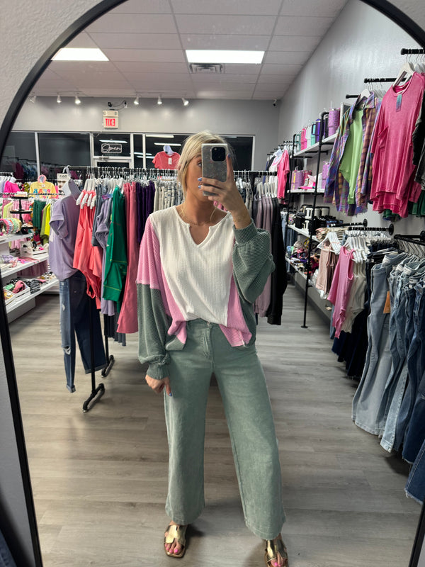 Ribbed Seafoam and Pink Top