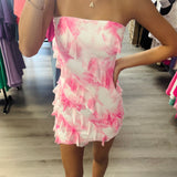 Pink Floral Strapless Mini Ruffle Dress