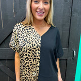 Half and Half Leopard and Black Color Block Top