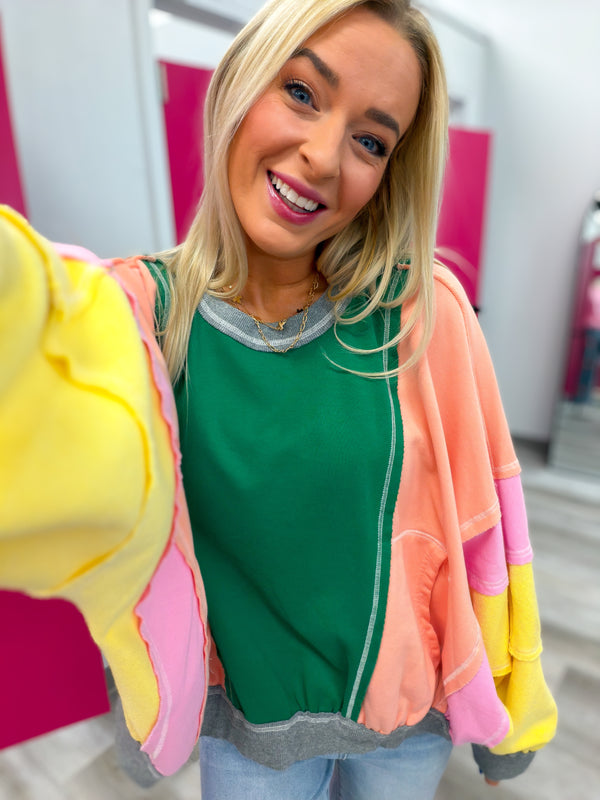 Catching Eyes Bright Colorful Pullover - Jade Pink Grey