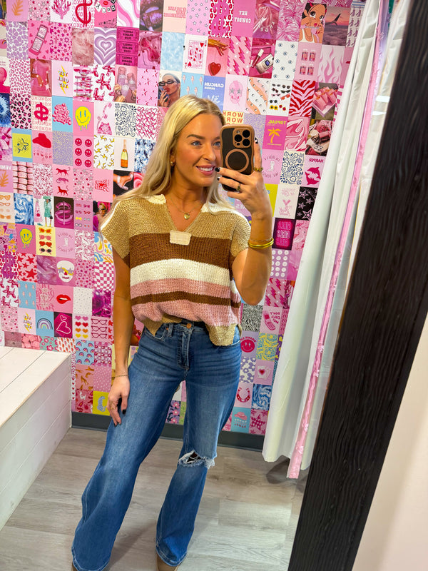 Mocha Autumn Hues Striped Cap Sleeve Sweater Top