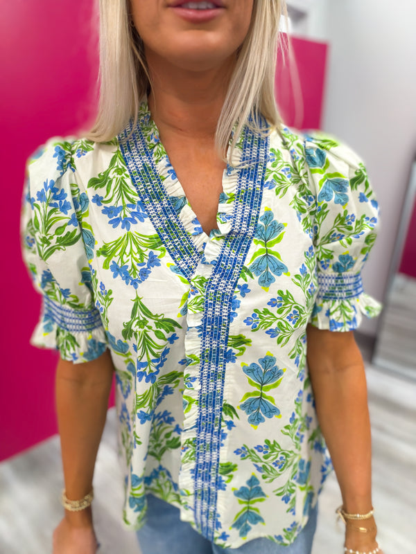 The Spring in Bloom Puff Sleeve Blouse | Blue