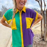 Parade Day Rhinestone Mardi Gras Color Block Top