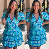 Floral Print Puff Sleeve Tiered Mini Romper Dress