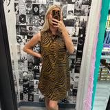 Tiger Print Button Down Shirt Dress With Pockets