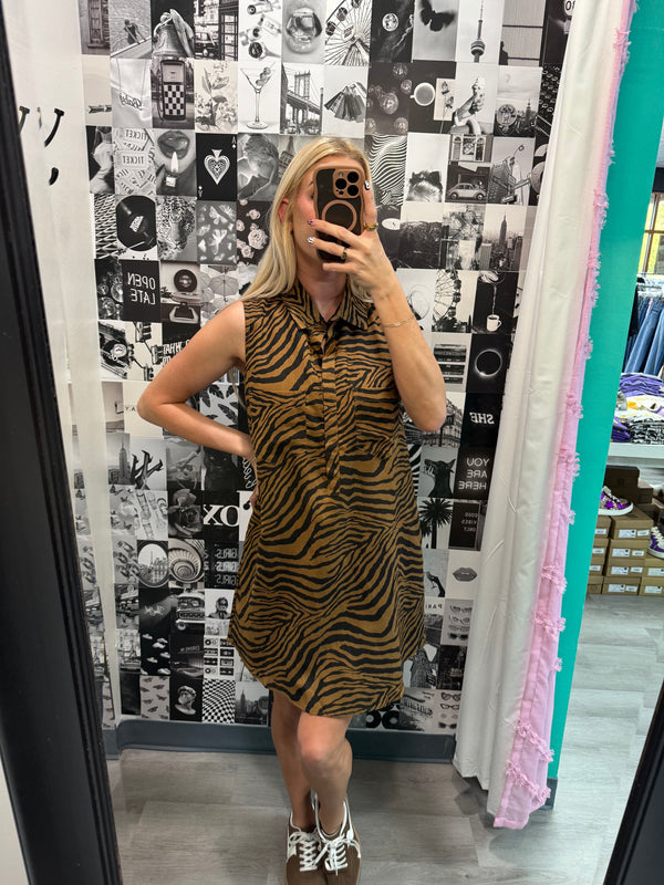 Tiger Print Button Down Shirt Dress With Pockets