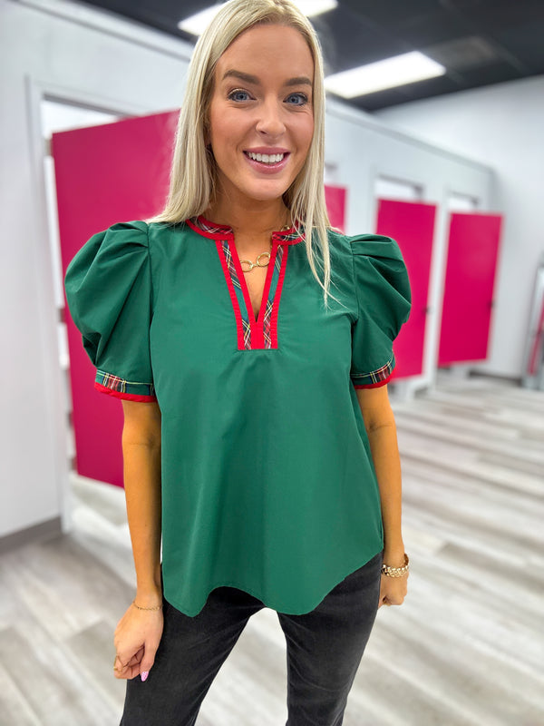 Season's Greetings Green Top with Red Christmas Plaid Trim