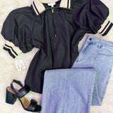Found My Way Zip Collar Top  | Black and Oatmeal