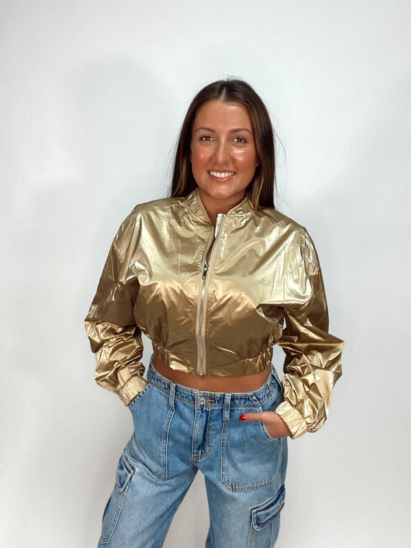 Go For Gold Metallic Bomber Crop Jacket