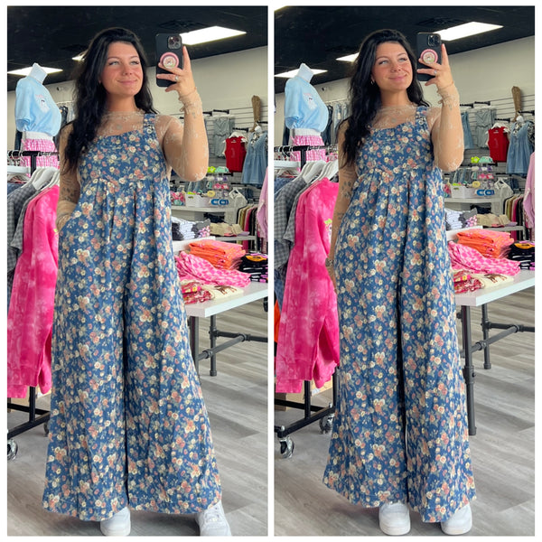 Leaves Start Falling Floral Denim Jumpsuit