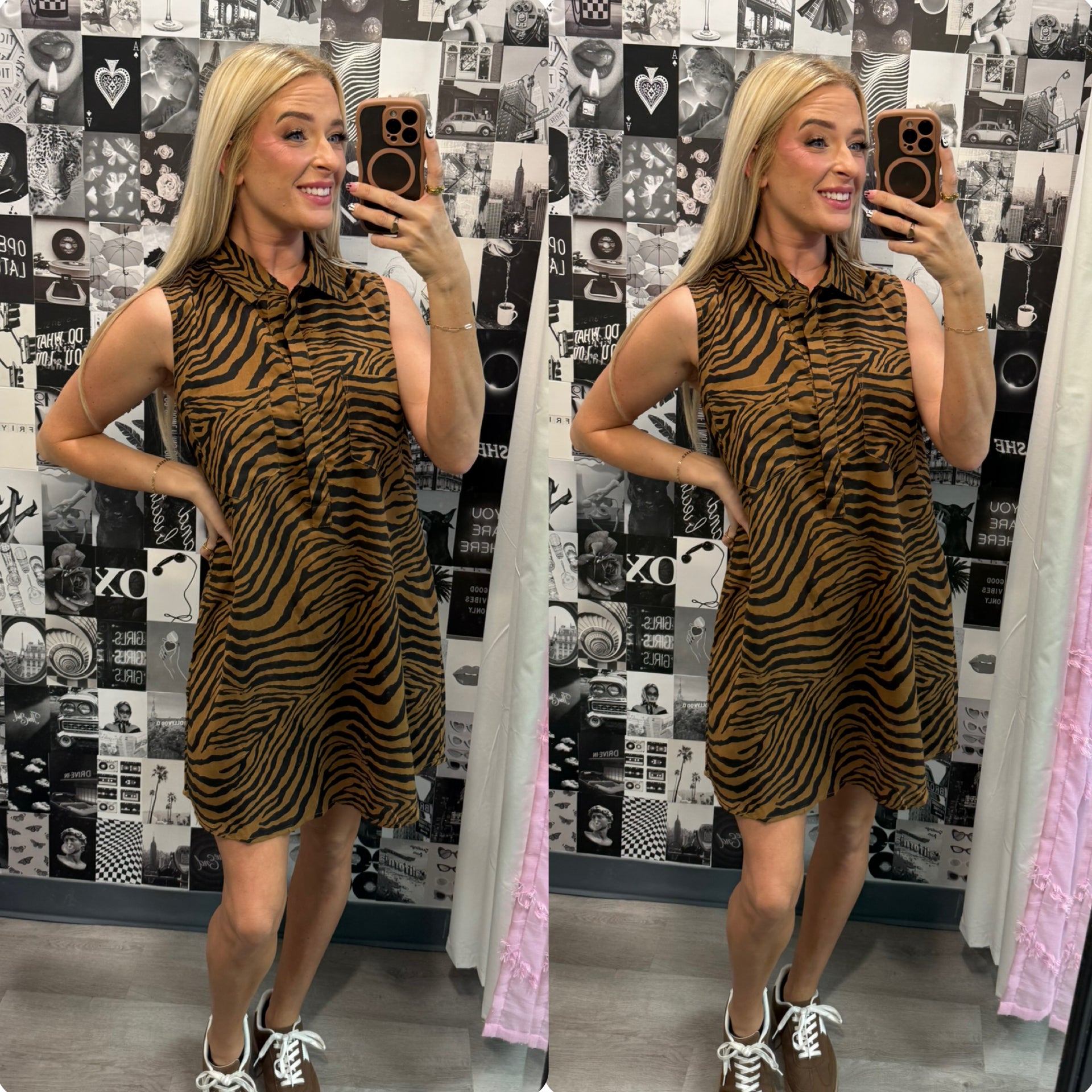 Woman wearing a zebra print dress in front of a patterned wall.