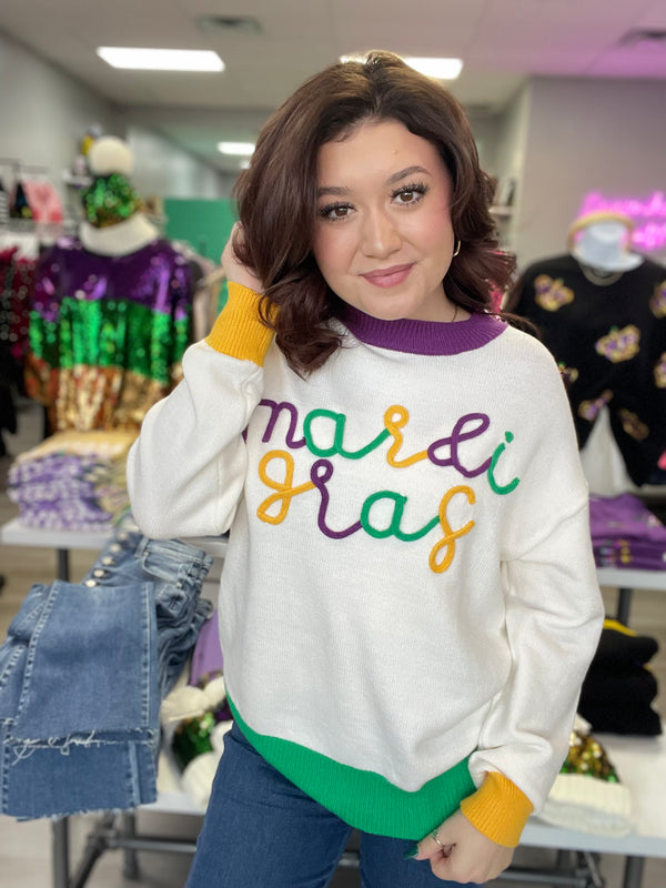 Mardi Gras State of Mind Sweater - White