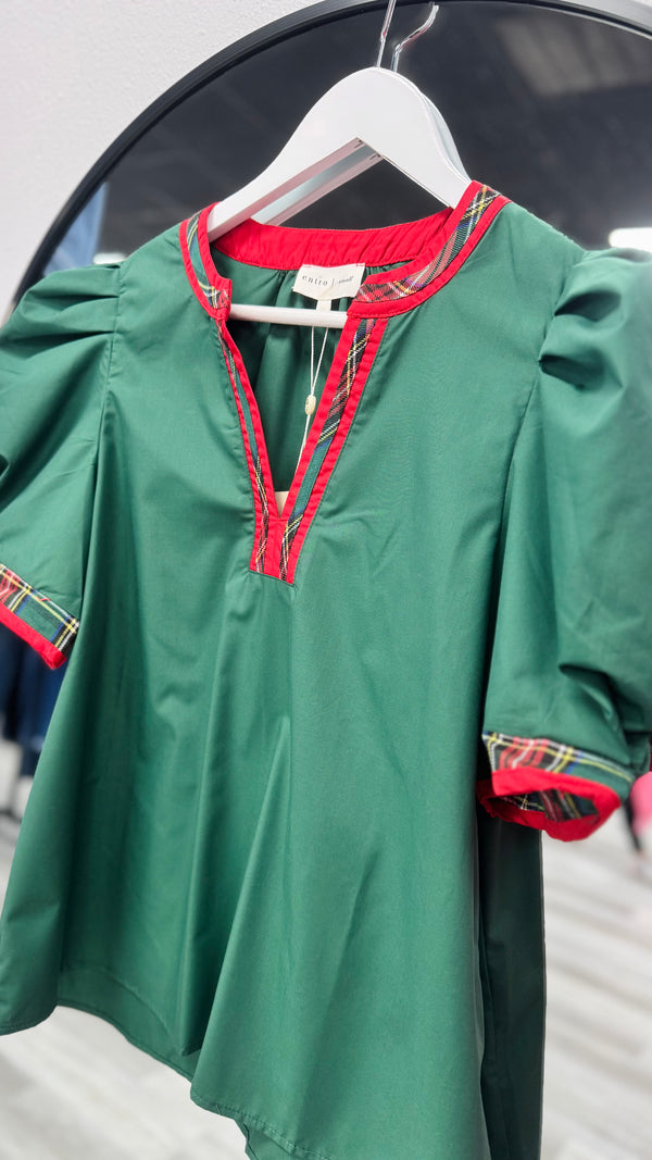 Season's Greetings Green Top with Red Christmas Plaid Trim