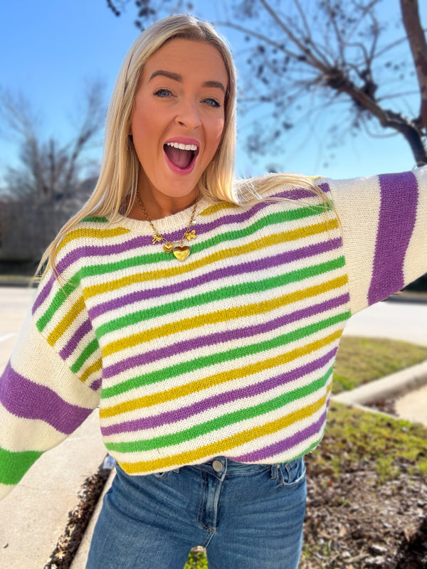 Here for the Beads Mardi Gras Stripe Sweater - Ivory