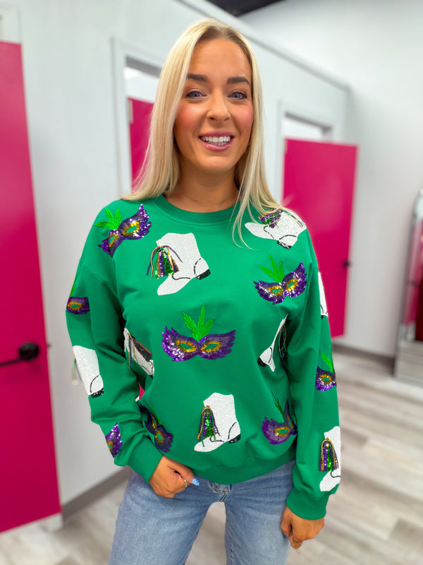 Mardi Gras Sequin Boot Sweatshirt