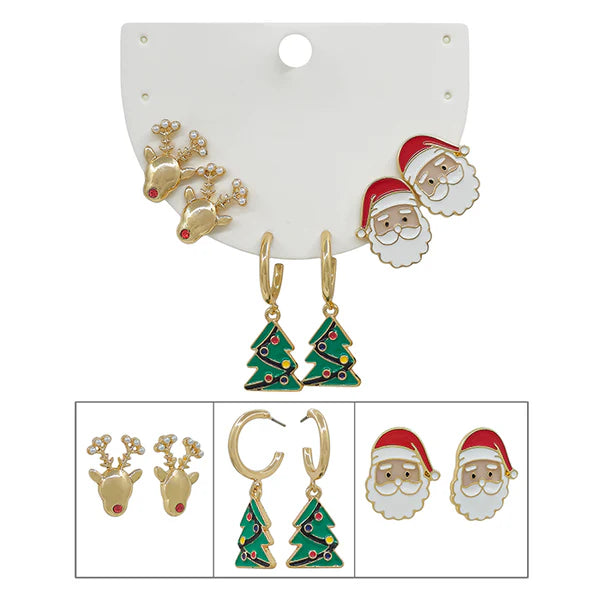 Christmas Set of 3 Santa, Christmas Tree, and Reindeer Stud Earrings
