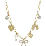 Gold Chain with Pearl Bow, Hearts, Key Charms 16"-18" Necklace