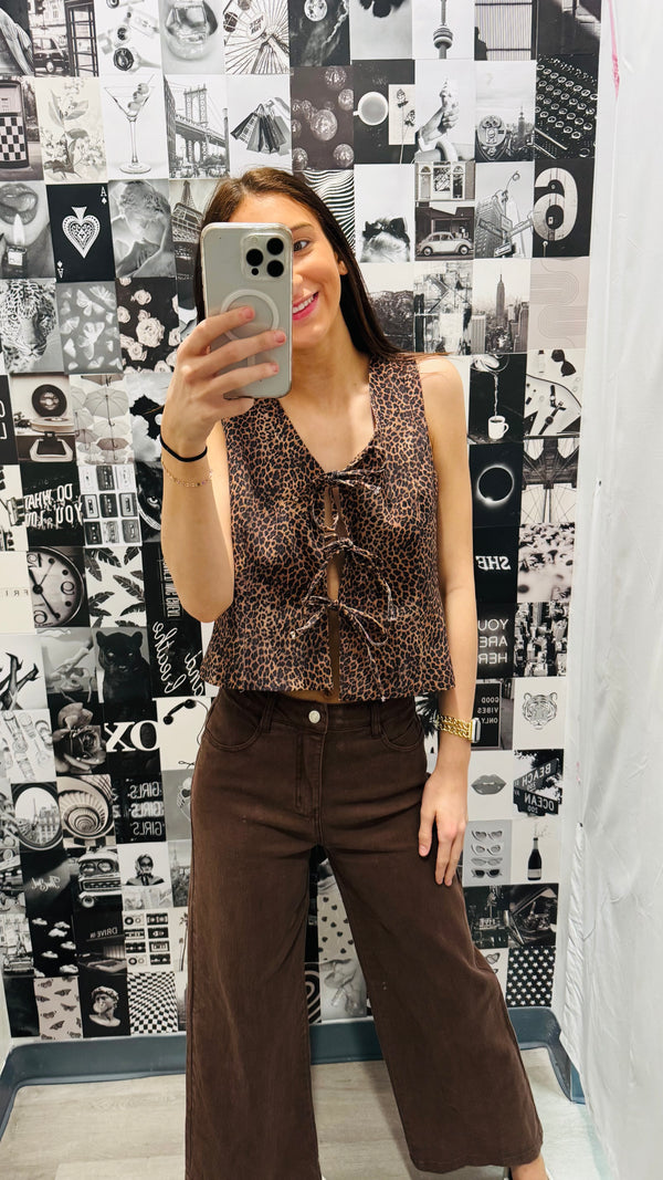 Sleeveless Leopard Print Twill Vest with Bow Detail