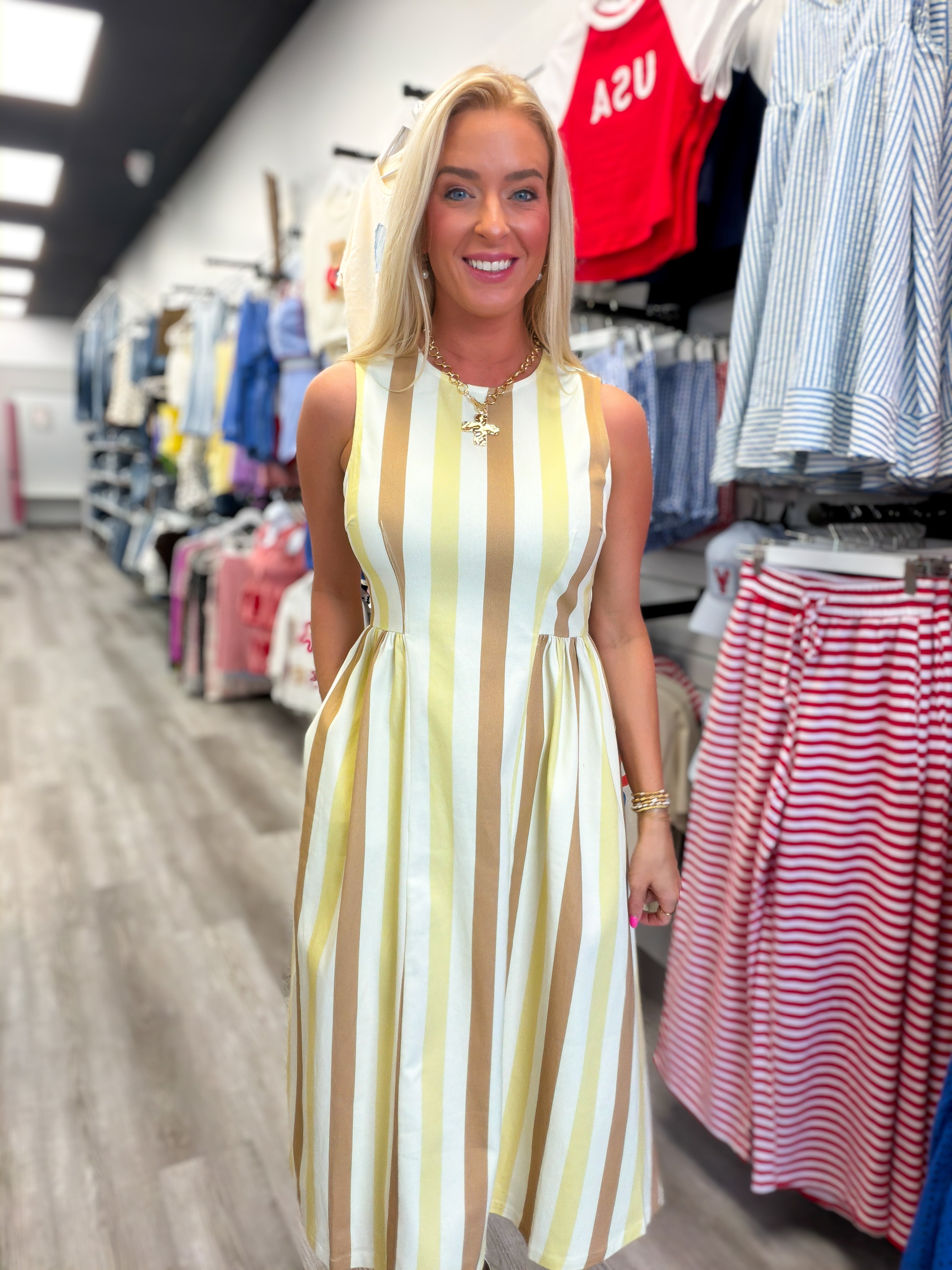 Sweet Talk Stripe Midi Dress Butter and Tan