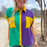 Parade Day Rhinestone Mardi Gras Color Block Top