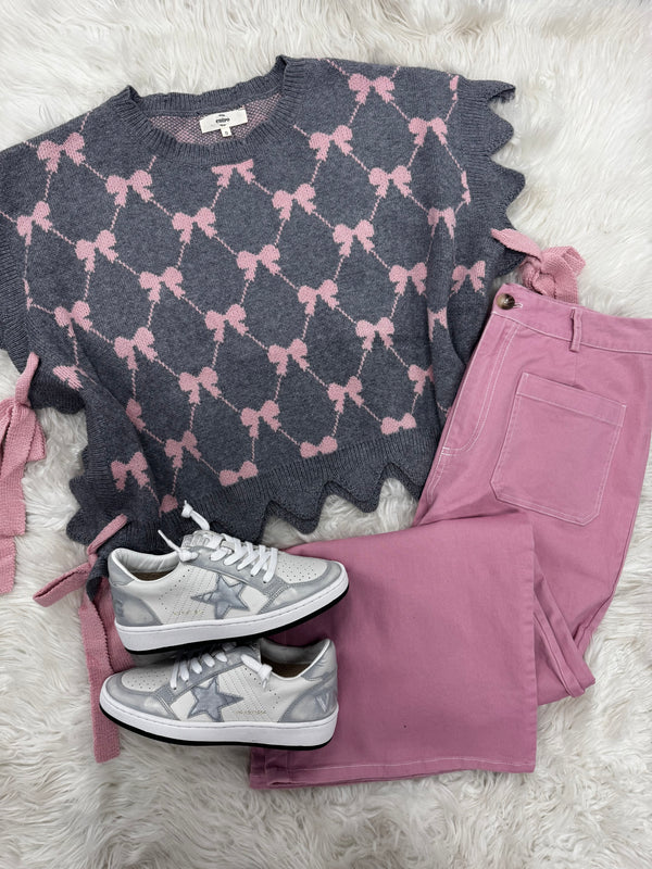 Bow Sweater Gray Pink