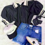 Found My Way Zip Collar Top  | Black and Oatmeal