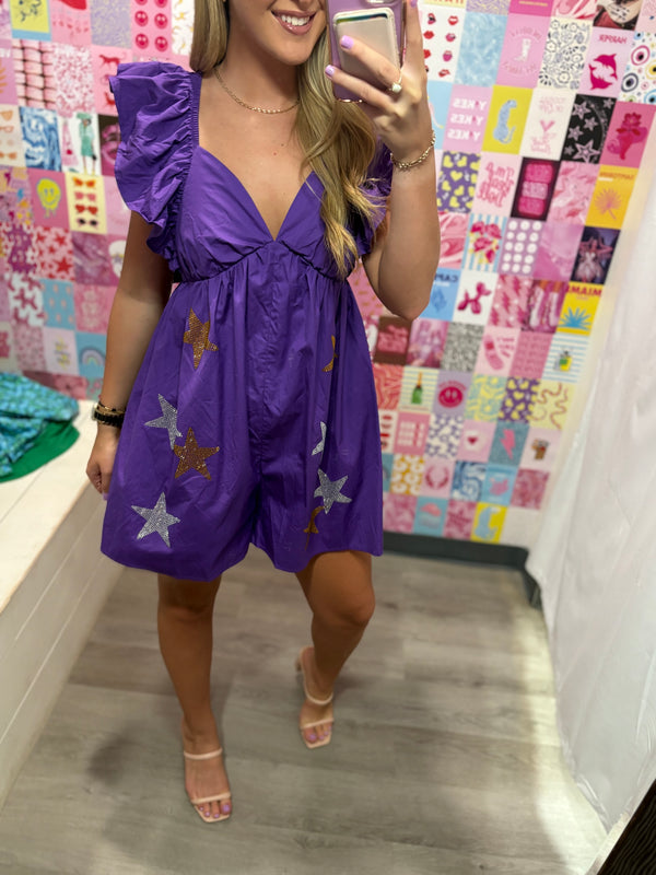 Purple and Gold Multi Color Star Rhinestone Romper