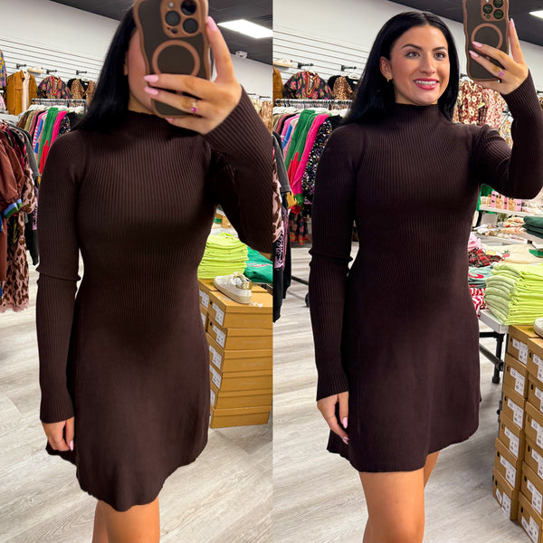 Chocolate Mock Neck Flare Long Sleeve Dress