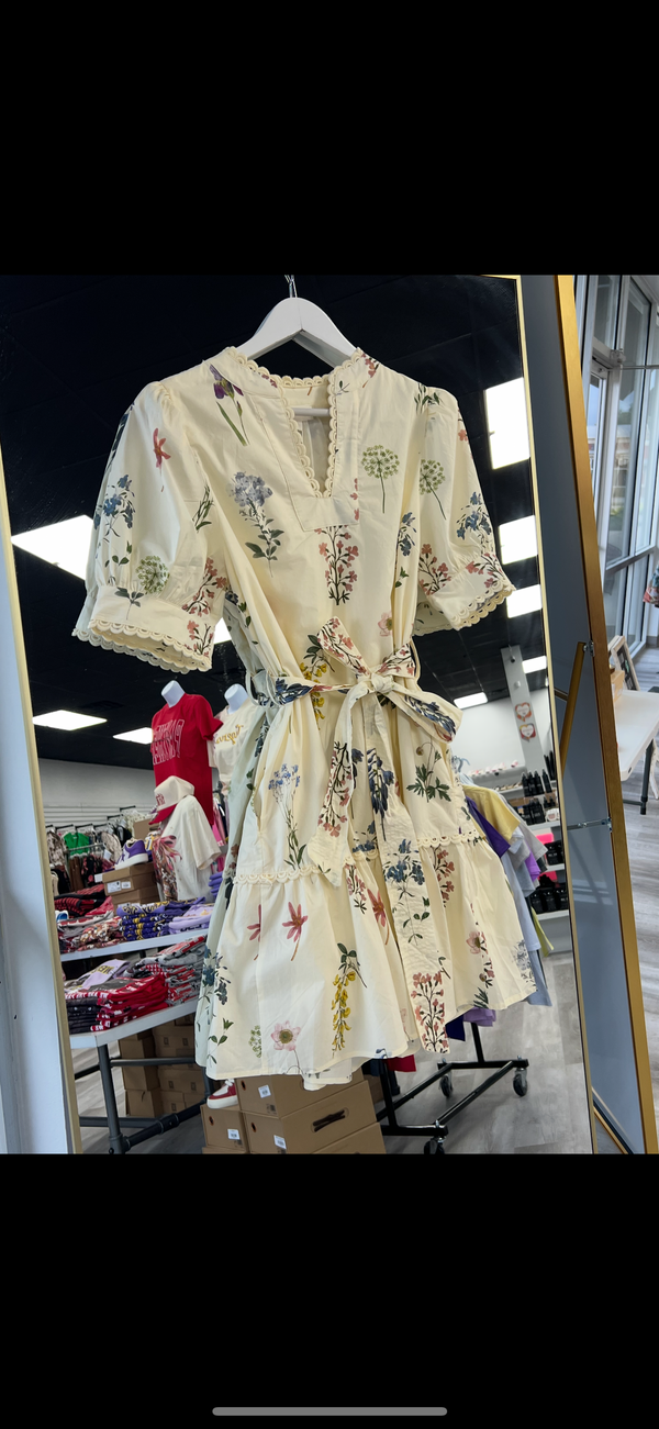 Cream V Neck Floral Dress