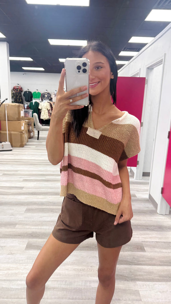 Mocha Autumn Hues Striped Cap Sleeve Sweater Top