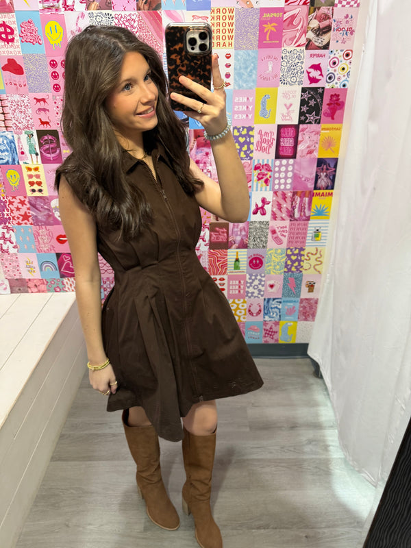 Zip Brown Pleated Mini Dress