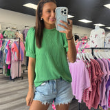Ribbed Bubble Sleeve Top Green