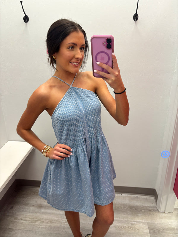Polka Dot Printed Denim Romper