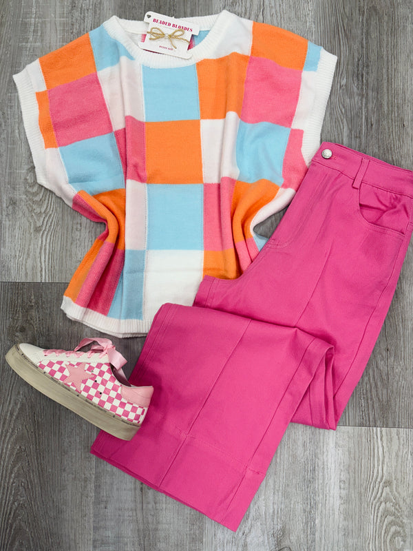 Color Me Happy Checkered Short Sleeve Sweater