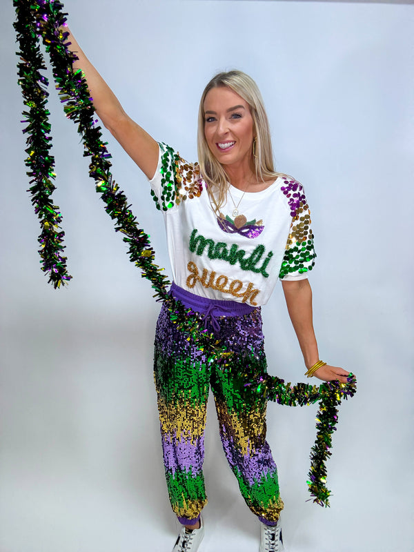 Throw Me Something Mrs. Tinsel Mardi Gras Pullover with Sequins