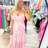 Pink Rose Bow Ruffle Maxi Dress