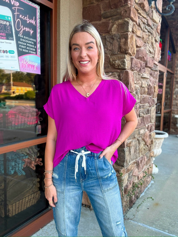 Magenta V Neck Top